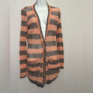 Cecico Peach Gray Striped Cardigan Sweater Size Small Cozy Knit